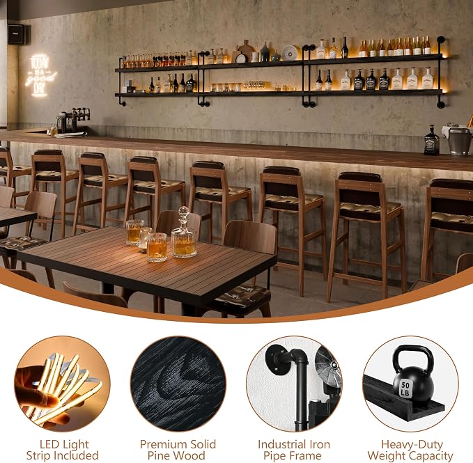 Wall Mounted Wine Rack with LED Light, LED Industrial Pipe Liquor Bar Shelves - Image 3