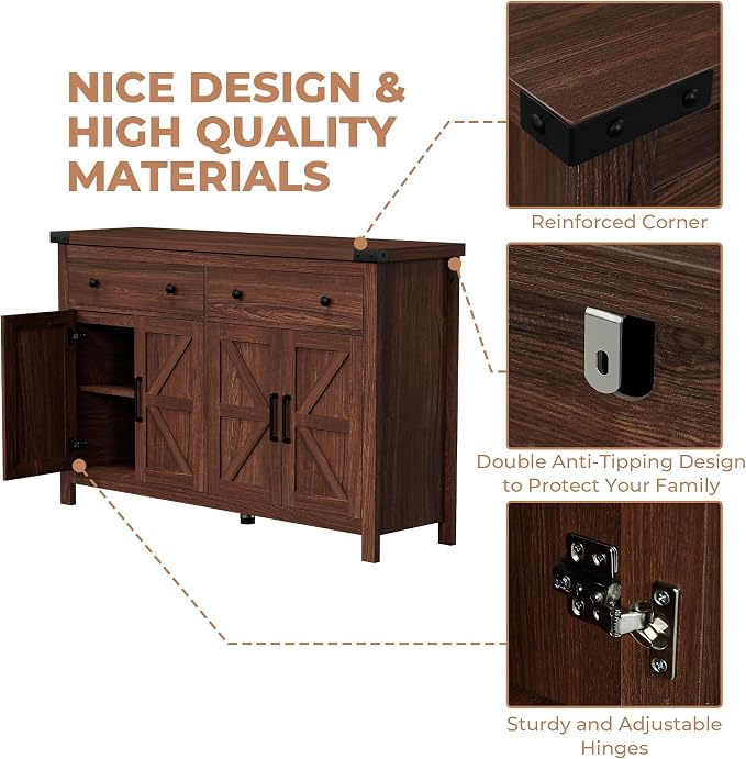 VVFLU Buffet Cabinet with Storage Farmhouse with 4 Doors and 2 Drawers - Image 8