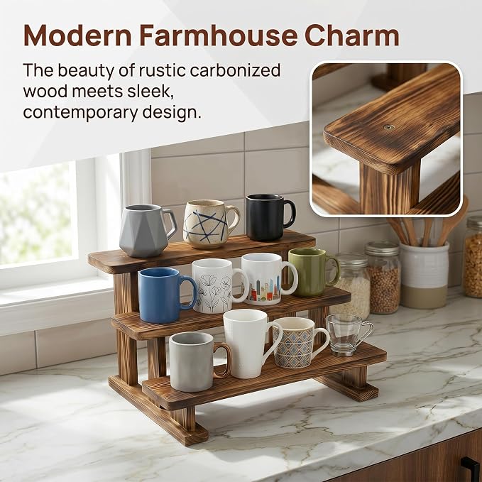 2 Pack 3 Tier Coffee Mug Display Shelf, Wooden Coffee Mug Holder Organizer - Image 8