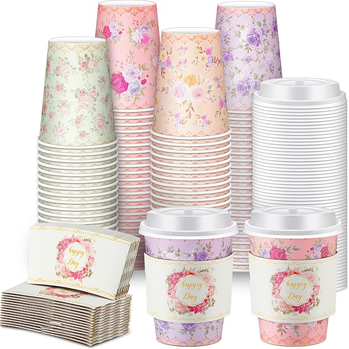 Remerry 100 Pcs 12oz Floral Disposable Coffee Cups by Remerry