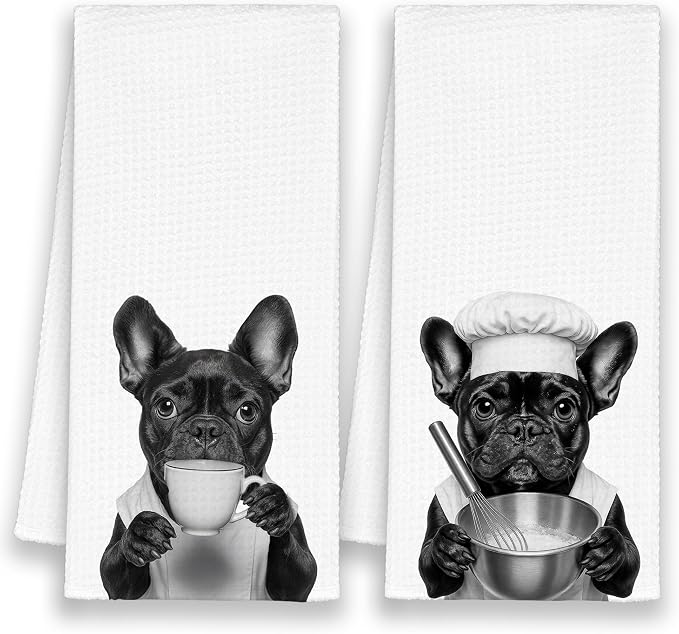 Dog French Bulldog Kitchen Towels Set of 2, Funny Cute Hand Bathroom Towels by Xmsaitar