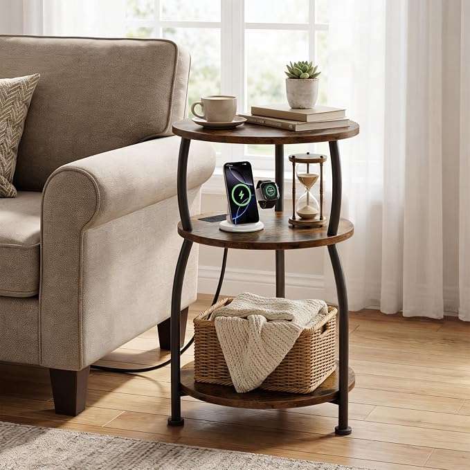 Round Side Table with Power Outlet & USB Ports, 3-Tier End Table with Storage - Image 2