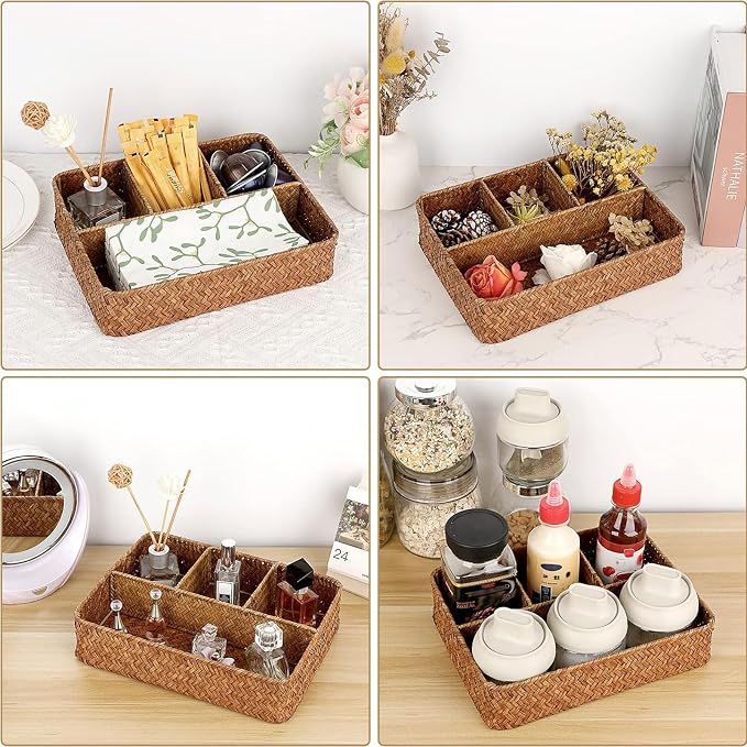 Hipiwe Tea Bag Sugar Packet Holder Woven Seagrass Storage Basket 4 Sections - Image 2