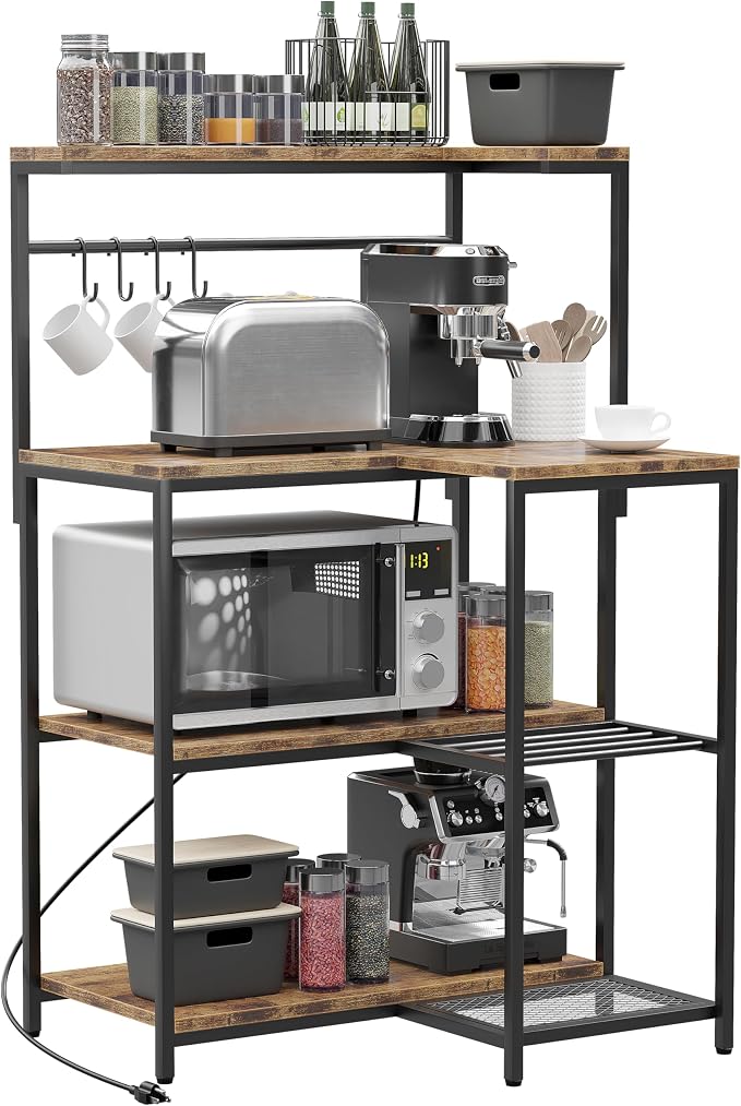 L-Shaped Bakers Rack with Power Outlet, 4-Tier Corner Kitchen Shelf, Microwave by YOOPIN