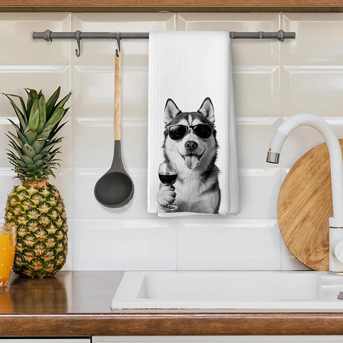 Funny Siberian Husky Wine Bar Kitchen Dish Towels, Siberian Husky Gifts - Image 4