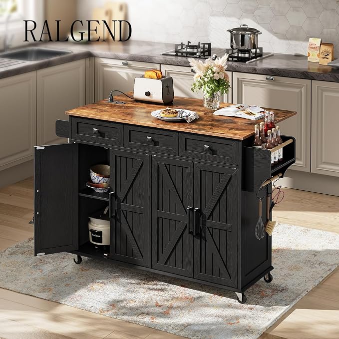 RALGEND Kitchen Island with Drop Leaf & Power Outlet, Rolling Kitchen Island - Image 8