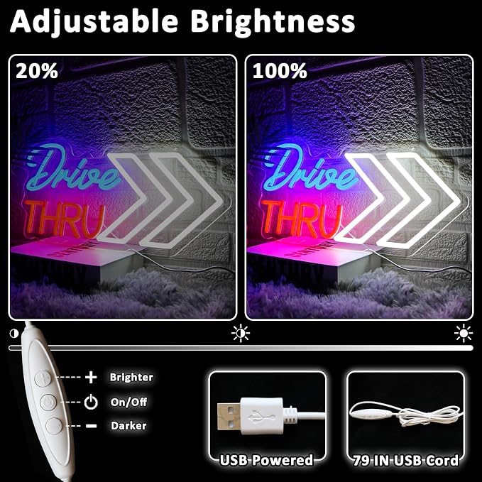 Drive Thru Neon Sign for Wall Decor Dimmable 16.54" x 8.07" Led Sign for - Image 3