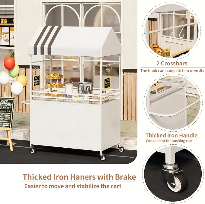Portable Vendor Cart with Canopy, Outdoor Mobile Food Cart with Wheels - Image 5