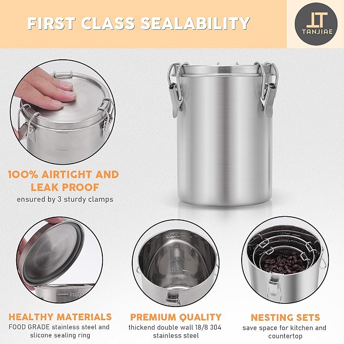 Tanjiae Compact Stainless Steel 100% Airtight Canisters Sets - Image 3