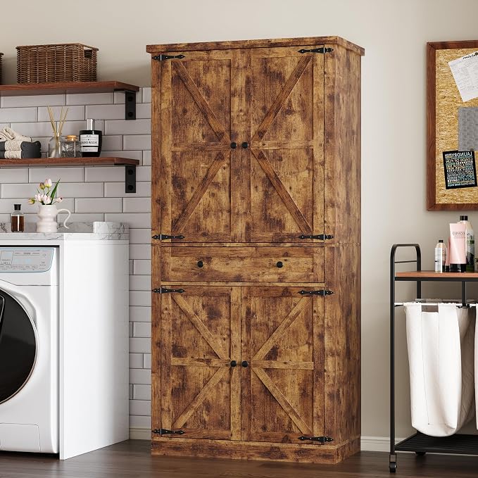 BORNOON Pantry Organizers and Storage Cabinet, 67.71” Barn Door White Kitchen - Image 6