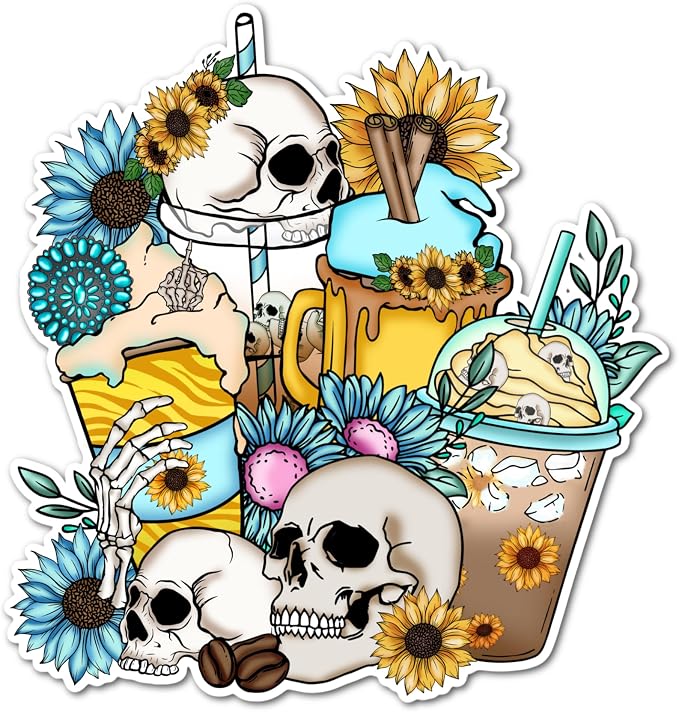 3" Skeleton Skull Mama Loves Coffee Sunflower Western Teal Blue Caffeinated by Handmade