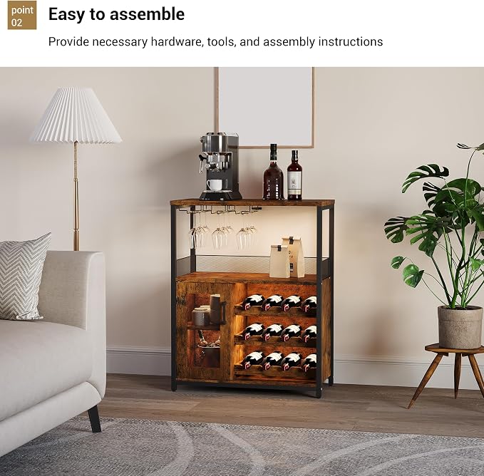 3-Tier Wine Bar Cabinet with LED Lights & Wine Rack, Wine Cabinet with Storage - Image 8