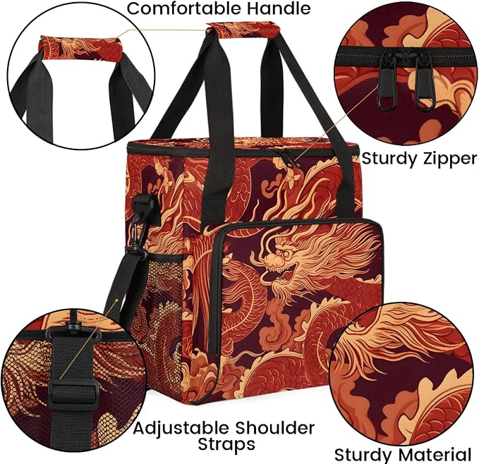 Japanese Red Dragon Coffee Maker Carring Bag, Large Insulated Storage Organizer - Image 6
