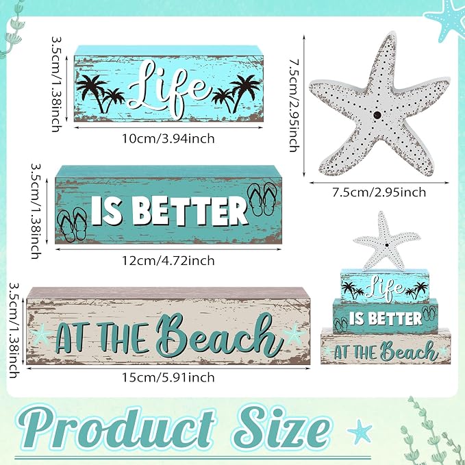 Geelin 4 Pcs Summer Table Decorations Ocean Life Better Wooden Block Signs - Image 3
