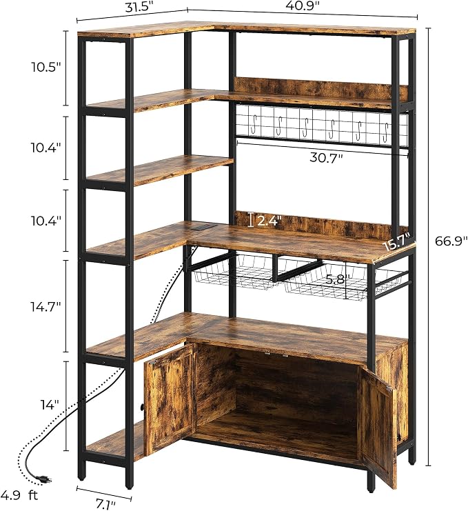 IRONCK Corner Bakers Rack with Power Outlet, Coffee Bar 6 Tier with Storage - Image 2