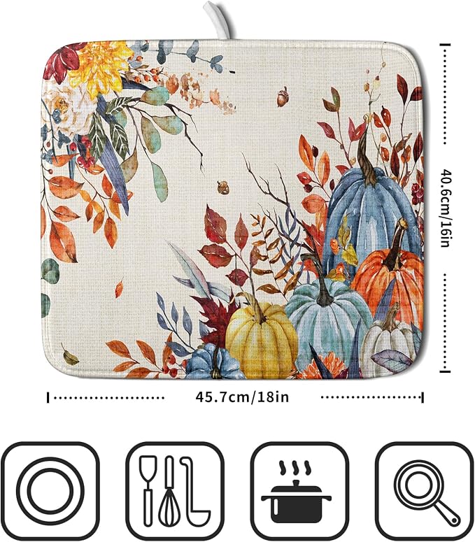 Giwawa Fall Dish Drying Mat for Kitchen Countertop, Watercolor Autumn Teal Blue - Image 2