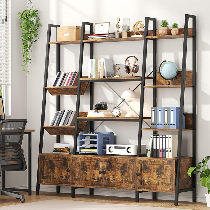 Ladder Bookshelves with 4 Doors, Triple Wide 4-Tier Large Open Bookshelf with - Image 2