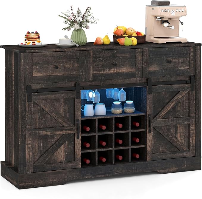 Giantex Wine Bar Cabinet with LED Lights, 3 Drawer, Adjustable Shelf, 12 Bottle by Giantex