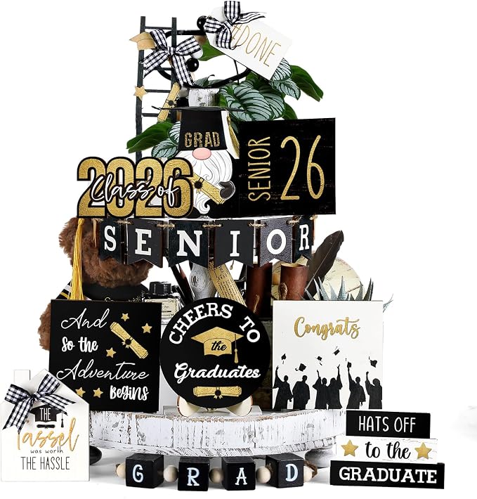 Mifoci 19 Pcs Graduation Tiered Tray Decor Set 2026 Graduation Farmhouse Wooden by Mifoci