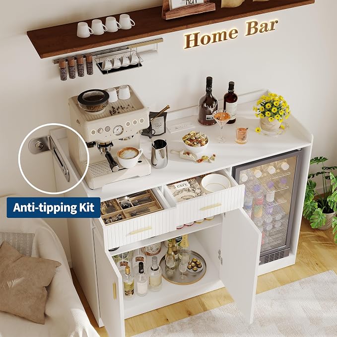 Garvee Coffee Bar Cabinet with Fridge Space, Fluted Wine Cabinet with Charging - Image 6