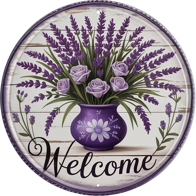 AWISZZZ Lavender Welcome Home Metal Sign 8x8in Round Aesthetic Plaque by AWISZZZ