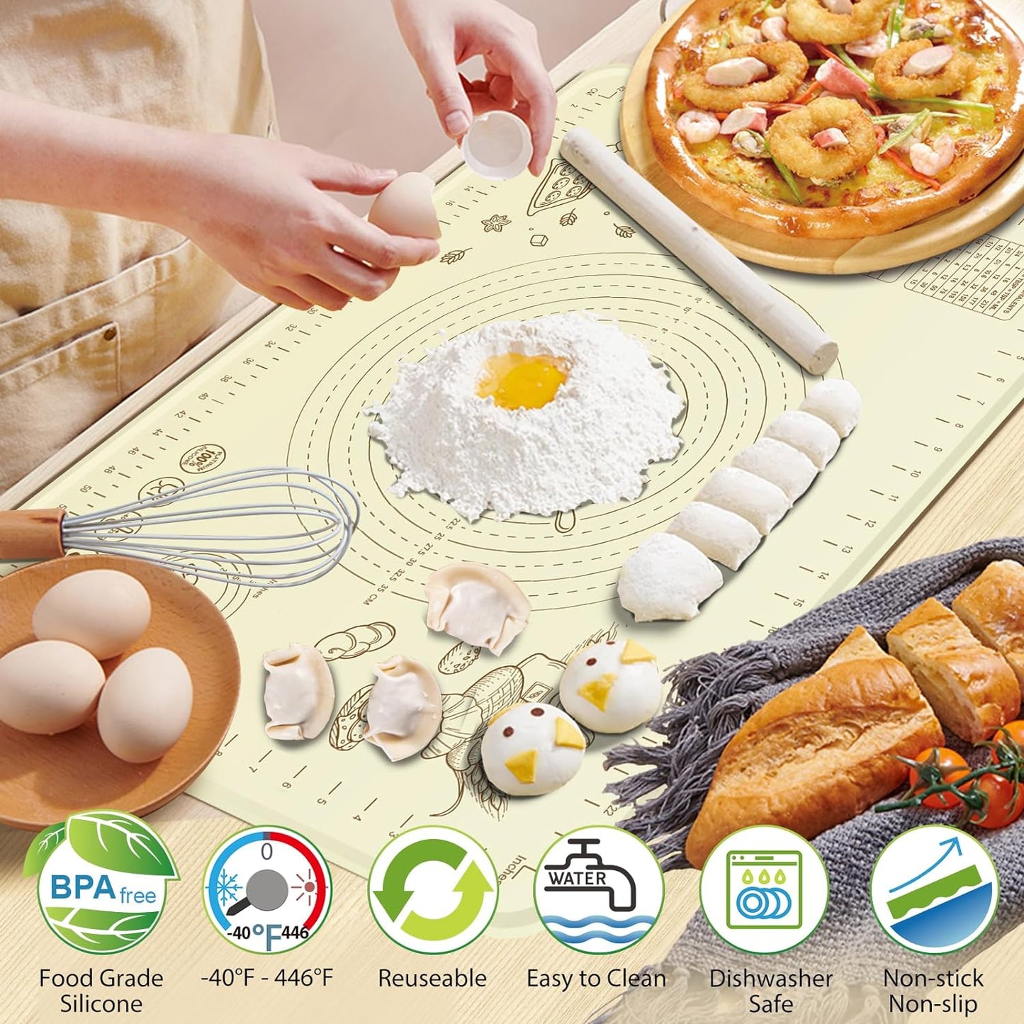 Silicone Baking Mat 24" x 16", Extra Thick Silicone Pastry Mat with Measurements and Edge Heightening, Non-stick Food Grade Dough Rolling Matfor for Pastry, Bread, Cookies, Pizza, Fondant, Pasta