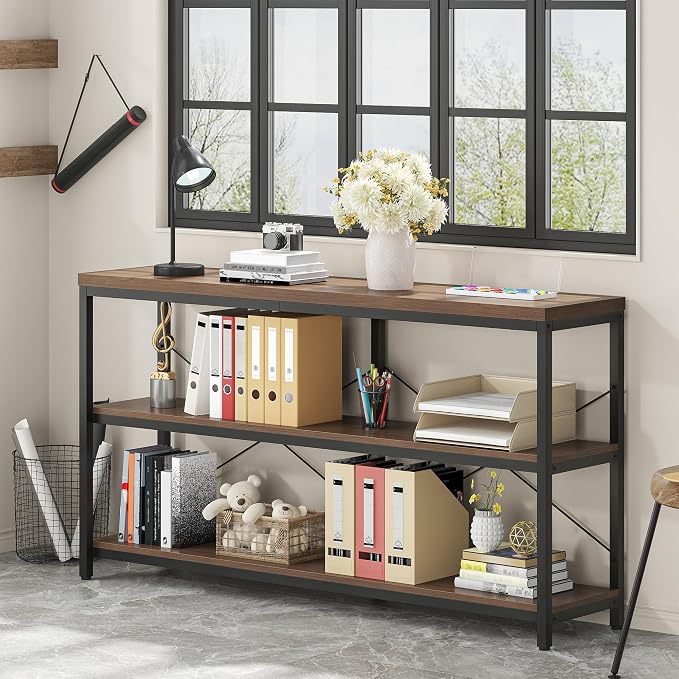 3-Tier Industrial Bookshelf, Wide Wood Horizontal Bookcase, Open Large Book - Image 4