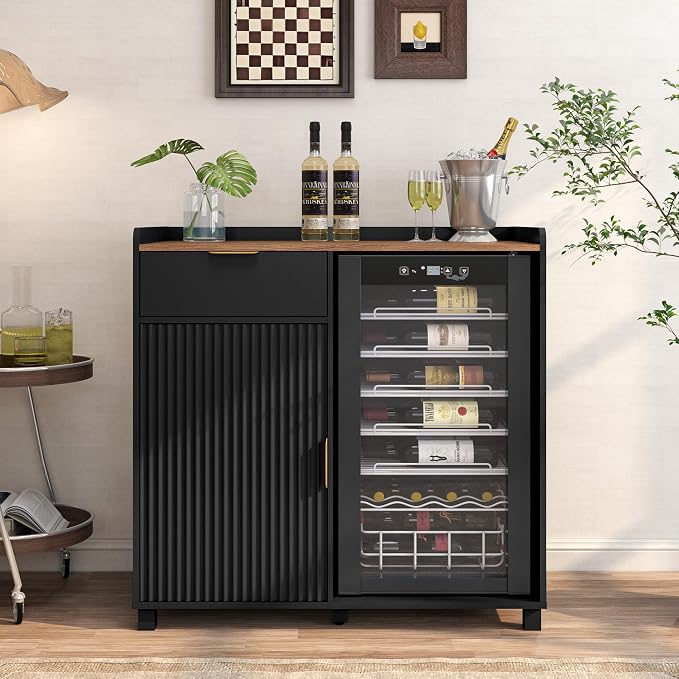 Bar Cabinet with Fridge Space&Fluted Door, Mini Fridge Cabinet with Wine Storage - Image 3