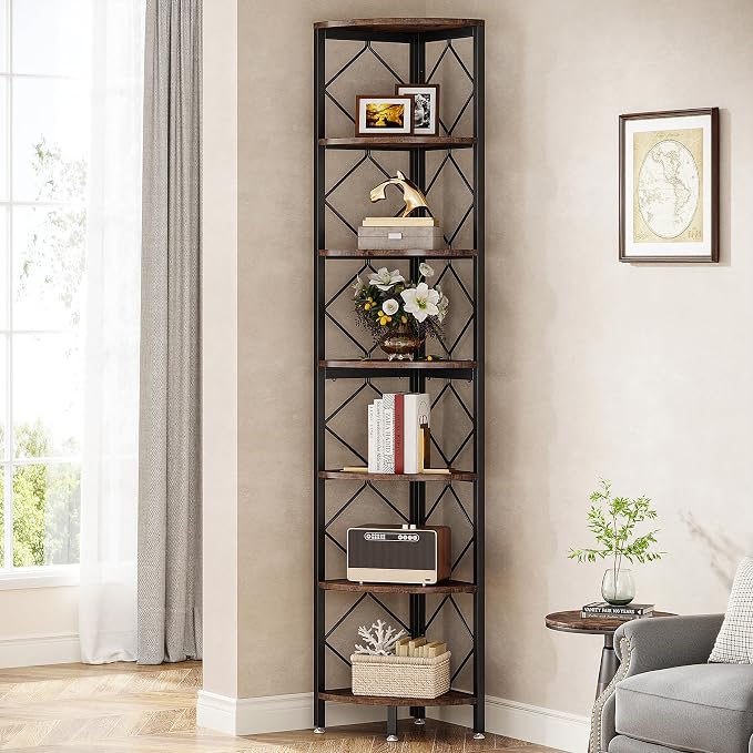 Tribesigns 7-Tier Corner Shelf, 78.7” Extra Tall Corner Bookcase, Industrial - Image 3
