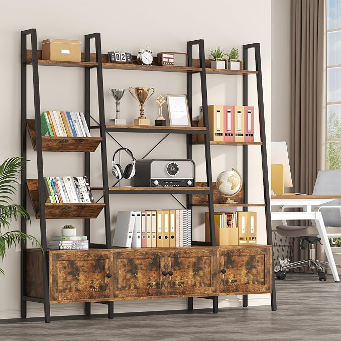 Ladder Bookshelves with 4 Doors, Triple Wide 4-Tier Large Open Bookshelf with - Image 4