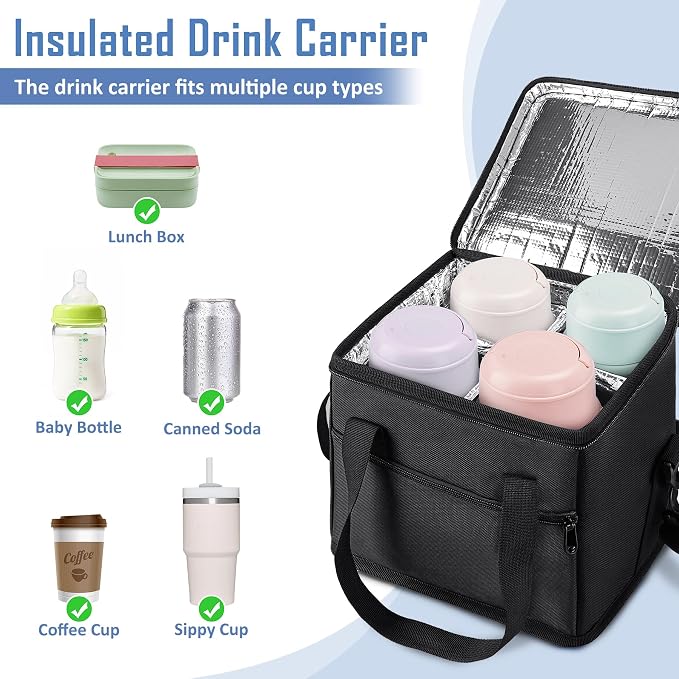 Reusable Drink Carrier with Handle, Tip-Resistant 4 Cup Insulated Bag, - Image 3