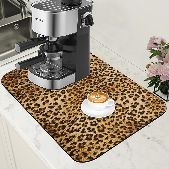 Leopard Print Dish Drying Mat for Kitchen Counter Coffee Bar Mat Hide Stain by Unknown