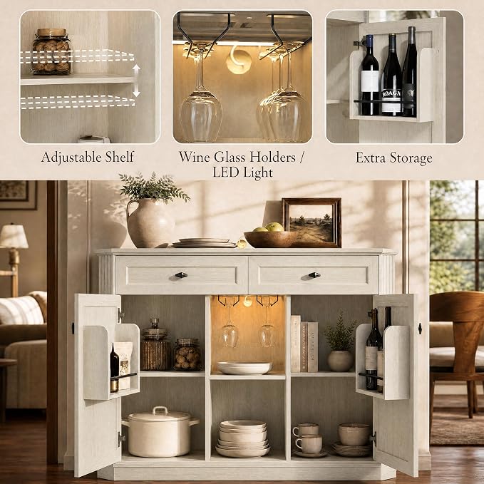 White Coffee Bar with 2 Drawers & 2 Doors, LED Wine Bar Cabinet with Wine - Image 5