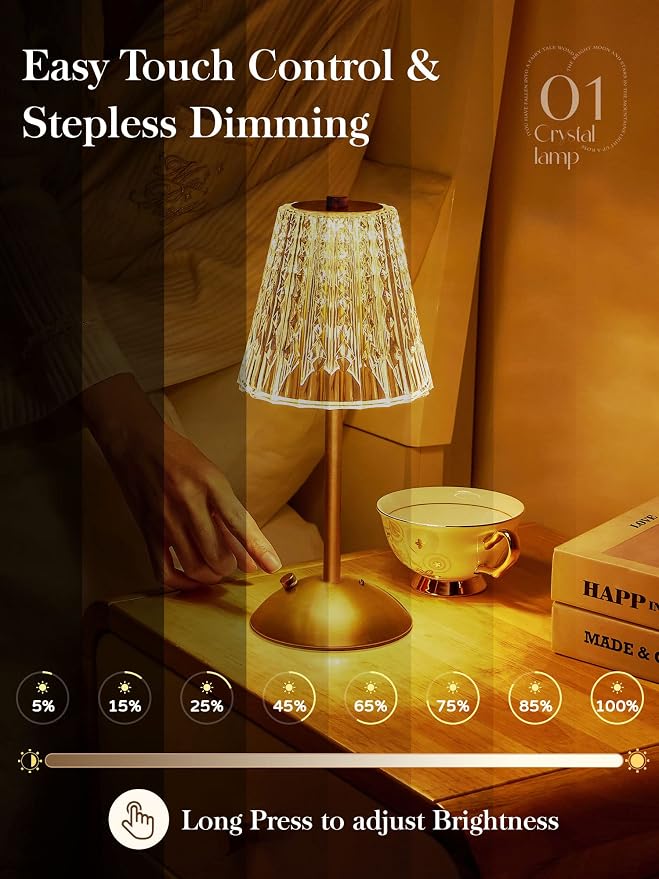 One Fire Nightstand Lamps Set of 2, Dimmable Crystal Table Lamp 3 Colors Gold - Image 2