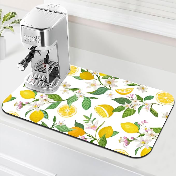 Lemon Floral Coffee Drying Mat 12" x 19", Non-Slip Absorbent Quick-Dry Mat by Yovirinto
