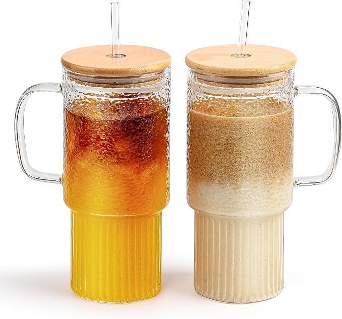 32oz Glass Cups with Handle and Bamboo Lids and Straws, 2 Pack Borosilicate by MINGHYZYA
