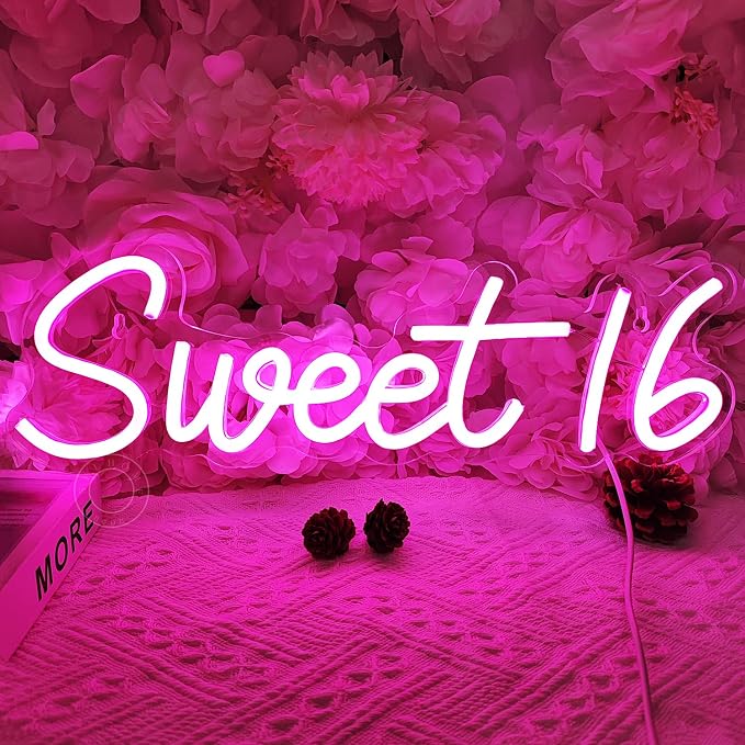 SYLHOME Pink Sweet 16 LED Neon Light Sign Sweet Girls Adults Bedroom Happy 16th - Image 2
