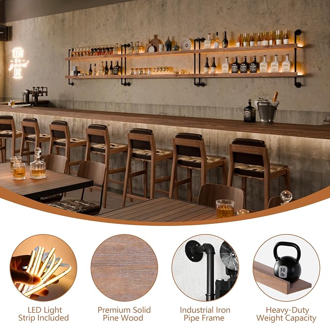 Wall Mounted Wine Rack with LED Light, LED Industrial Pipe Wine Shelf, 2-Tier - Image 3