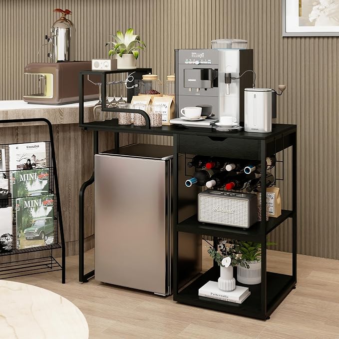PUNCIA Wine Bar Cabinet with Mini Fridge Space & Outlet Pull-Out Drawer | - Image 9