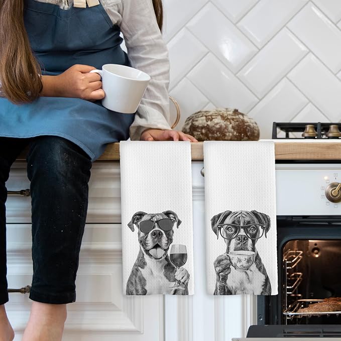 Funny Boxer Kitchen Towels Set of 2, Funny Dog Kitchen Accessories, Coffee - Image 3