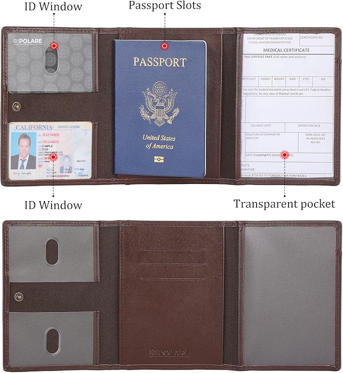 Polare Napa Leather Pilot Wallet Passport Holder RFID Blocking Tri-fold Travel - Image 6