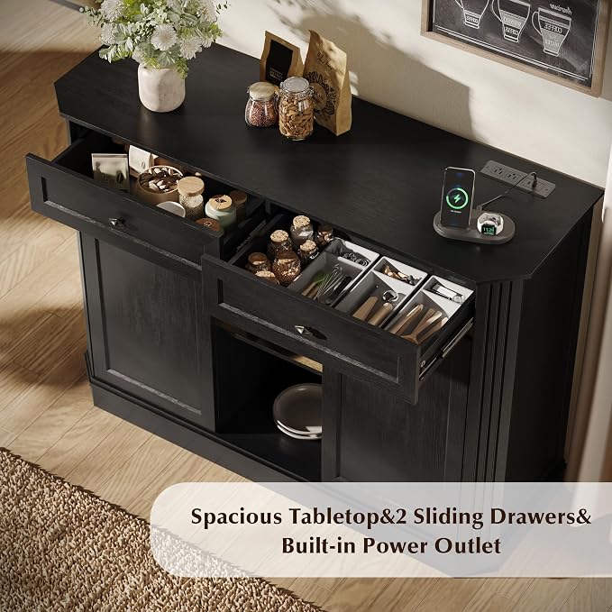 47" Wine Bar Cabinet with LED Light & Power Outlets, 2 Door Coffee Bar Cabinet - Image 6