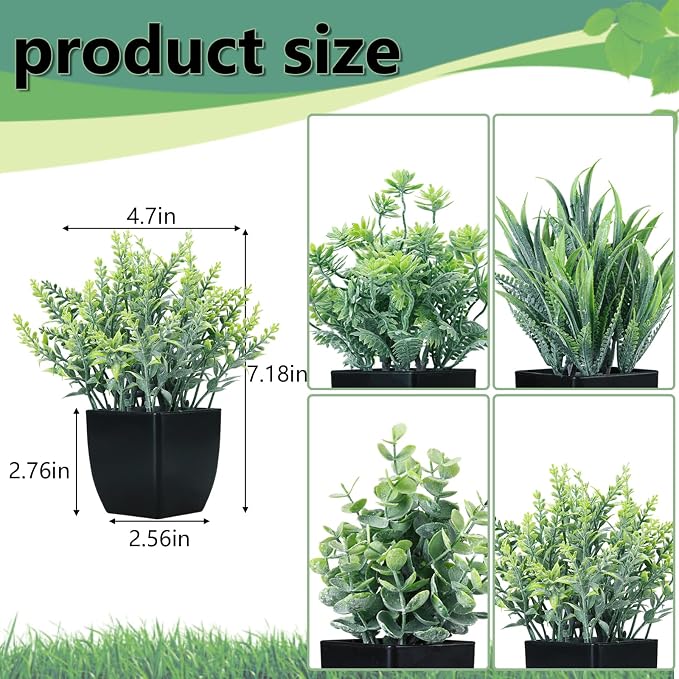 GREENTIME 4 Pack Fake Plants in Black Pot Small Artificial Eucalyptus Potted - Image 2