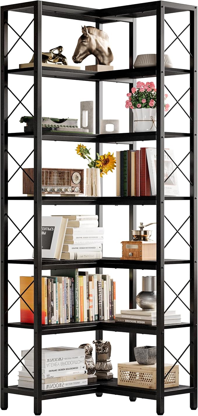 IRONCK Corner Bookshelf, 7-Tier Industrial Corner Bookcase, Tall Corner Shelf by IRONCK