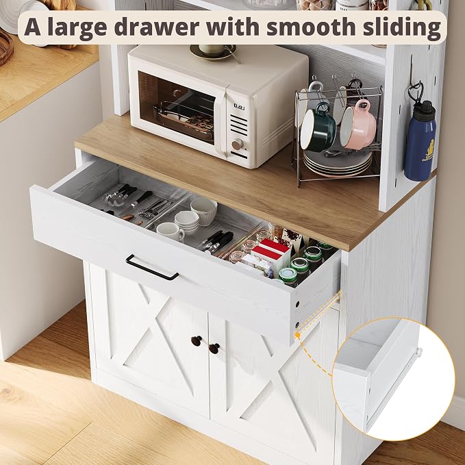 IRONCK Bakers Rack Microwave Stand Storage and Customizable Pegboard, Barn Doors - Image 5