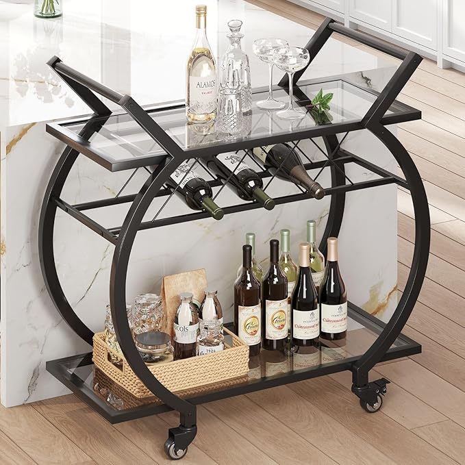 LVB Bar Cart with Glass, Home Bar Serving Cart with 2 Tier Storage Glass Shelves by LVB