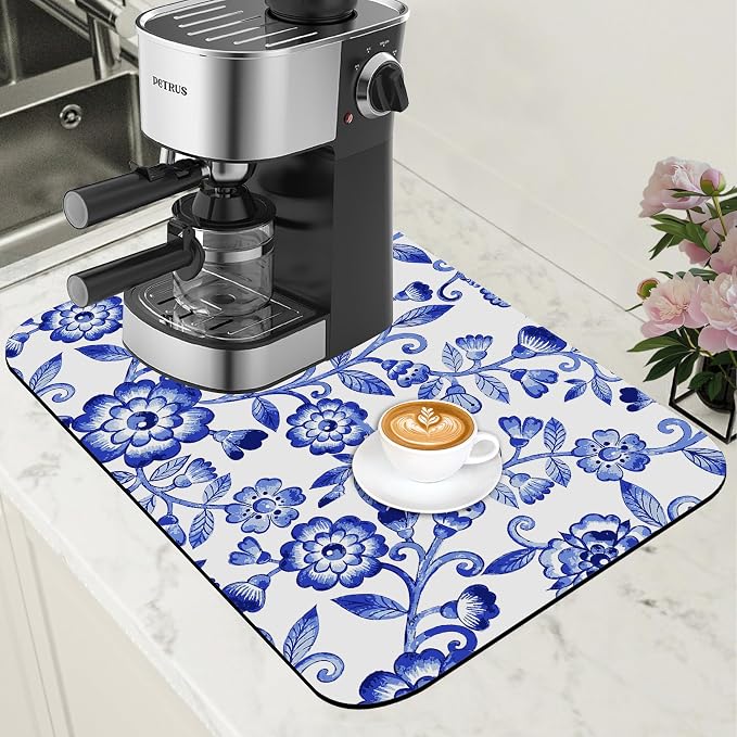 Dish Drying Mat Watercolor Blue Flowers Coffee Bar Mat by Unknown