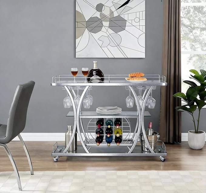 Silver Bar Carts with Glass Holders & Wine Rack, 3 Tier Home Bar Serving Carts - Image 5