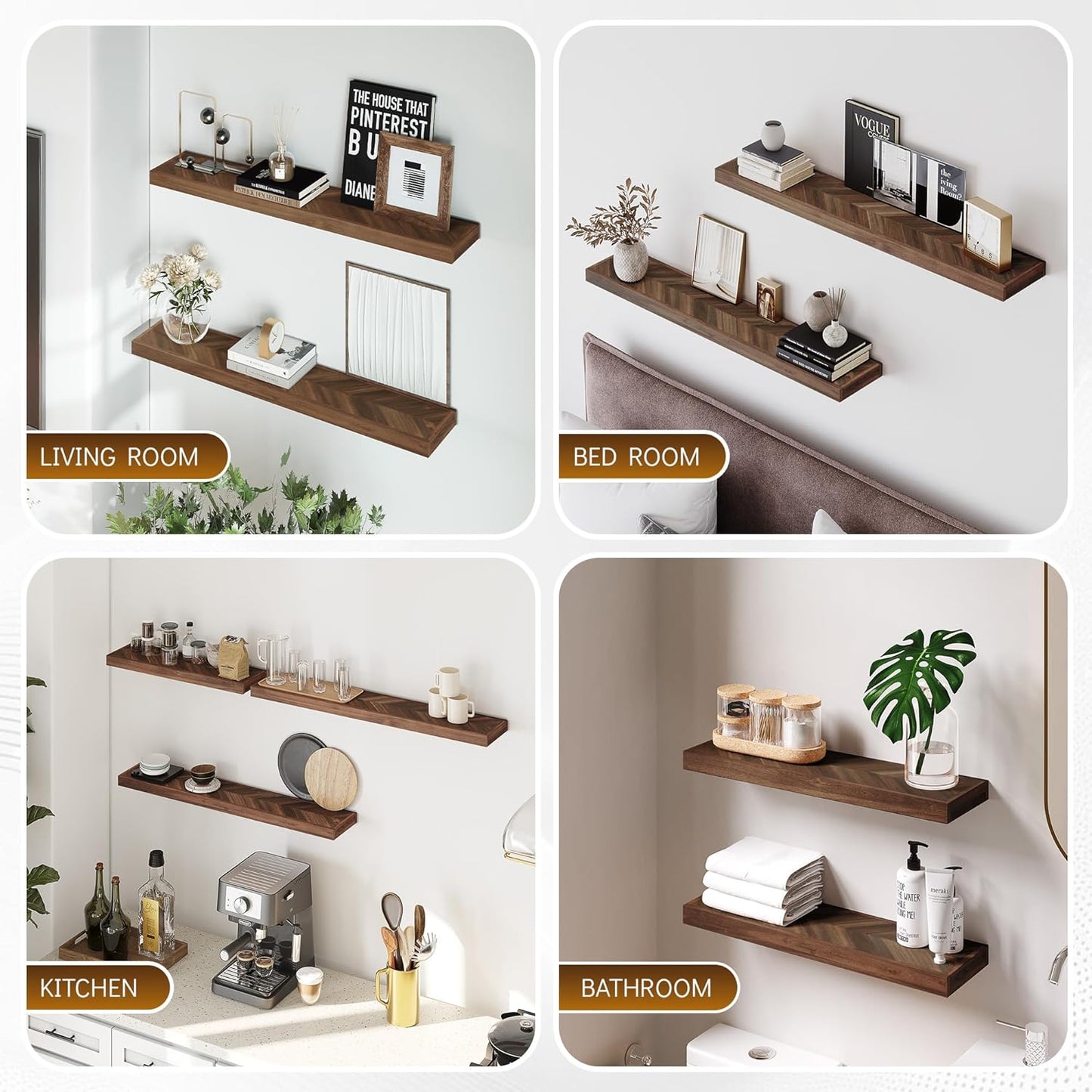 48" Rustic Farmhouse Floating Shelves – Set of 2 Acacia Wood Shelves for Stylish Wall Decor in Kitchen, Bathroom, Unique Chevron Pattern, Dark Walnut Color, 48x8x1.5 Inches - Set of 2 - DIY