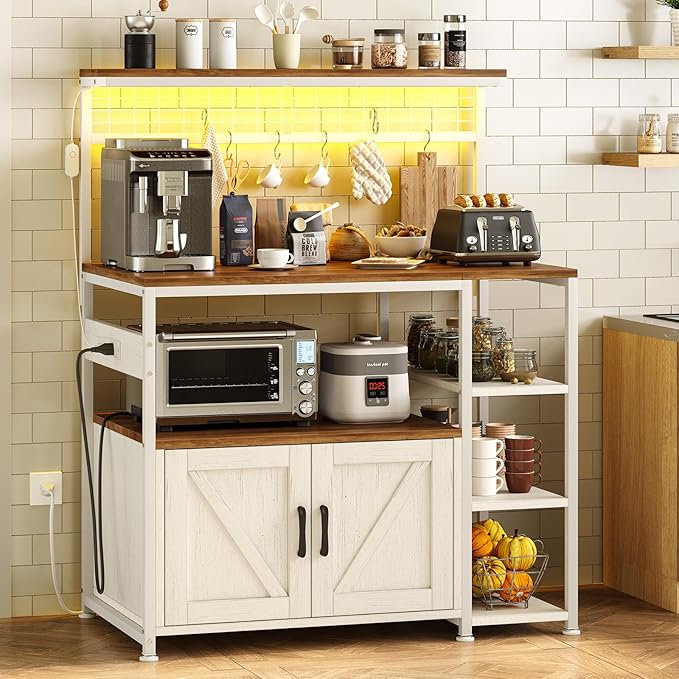 TVU Bakers Rack with Power Outlet and LED Light, Microwave Stand with Storage by TVU